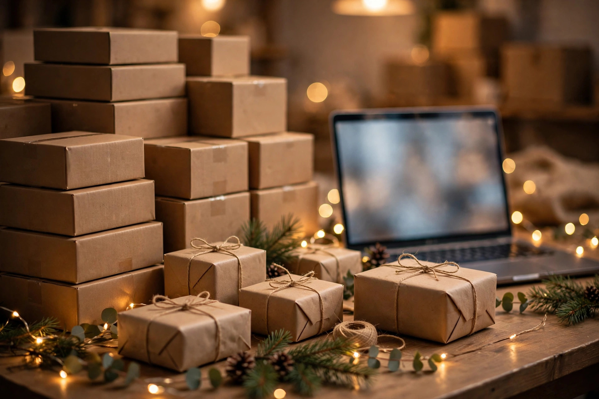 Shipping boxes and wrapped parcels on a packing table decorated for the Black Friday season